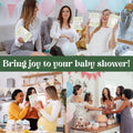 Four scenes of women enjoying a baby shower with games and decorations. Includes close-ups of game cards.