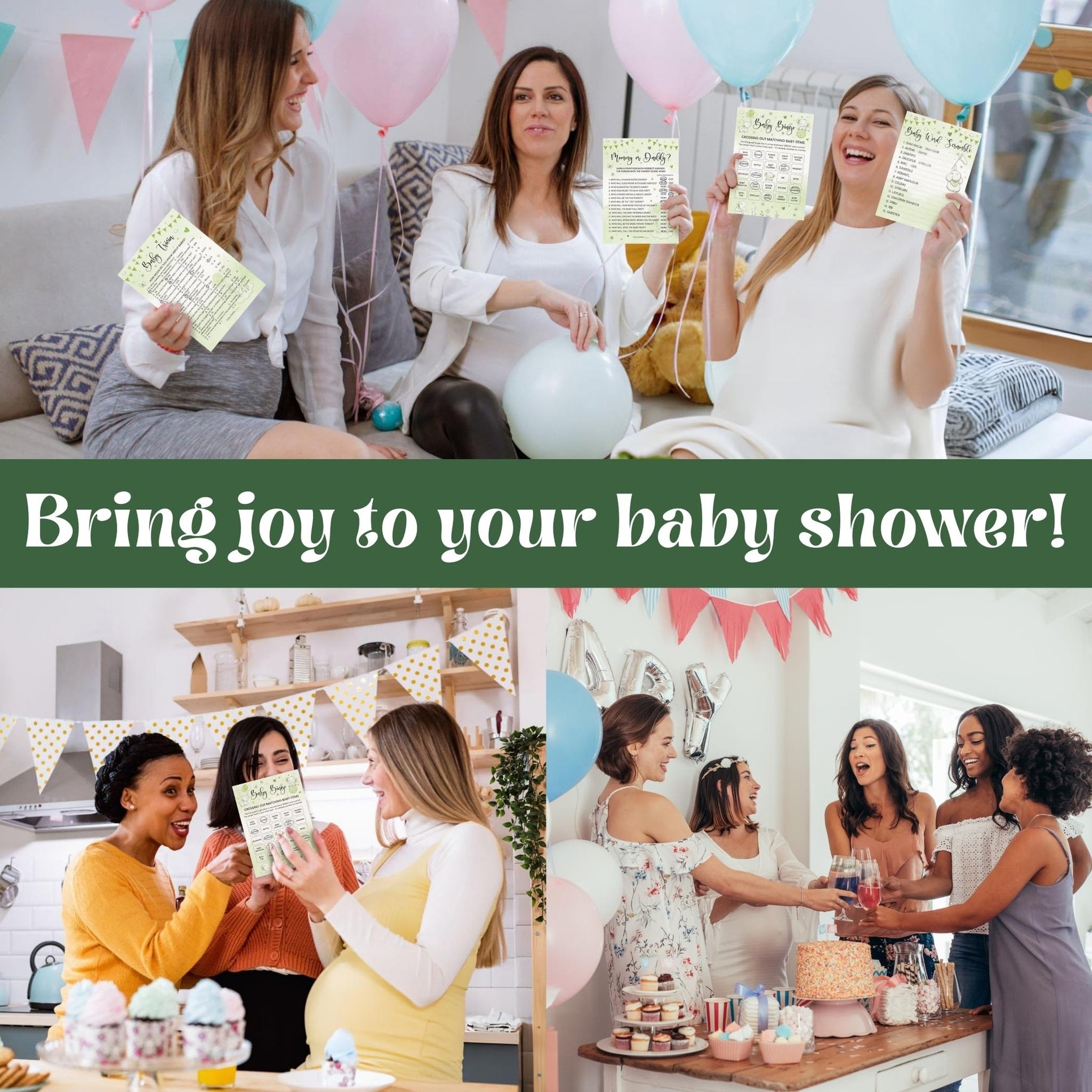 Four scenes of women enjoying a baby shower with games and decorations. Includes close-ups of game cards.
