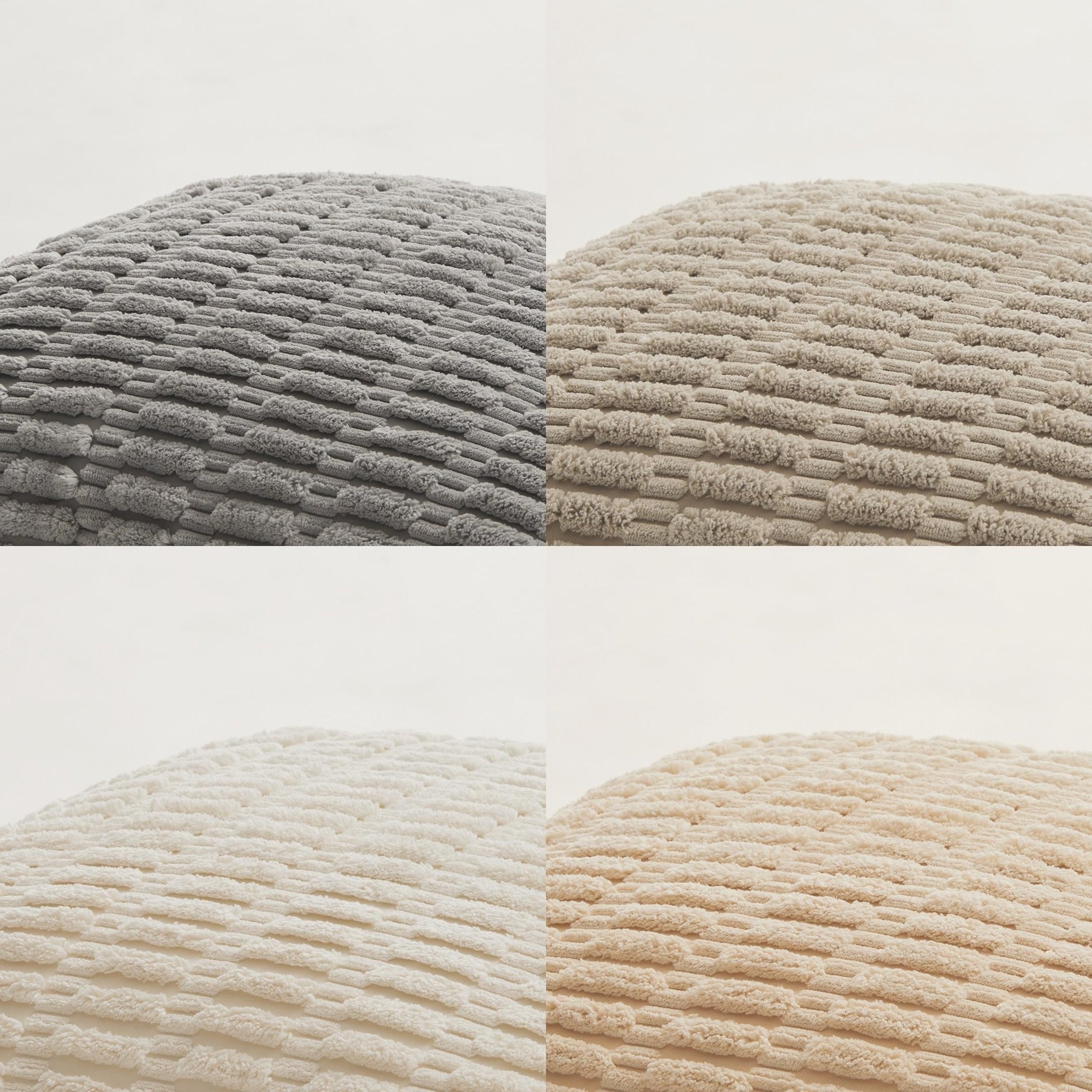 Four textured throw pillow covers in grey, beige, cream, and light beige, shown in a four-panel grid.