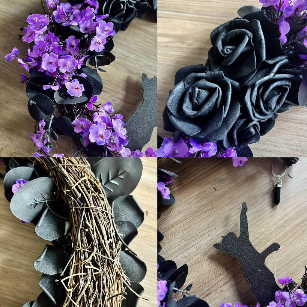 Collage of a Halloween wreath with purple flowers, black roses, black leaves, and a black cat silhouette on a wooden background.