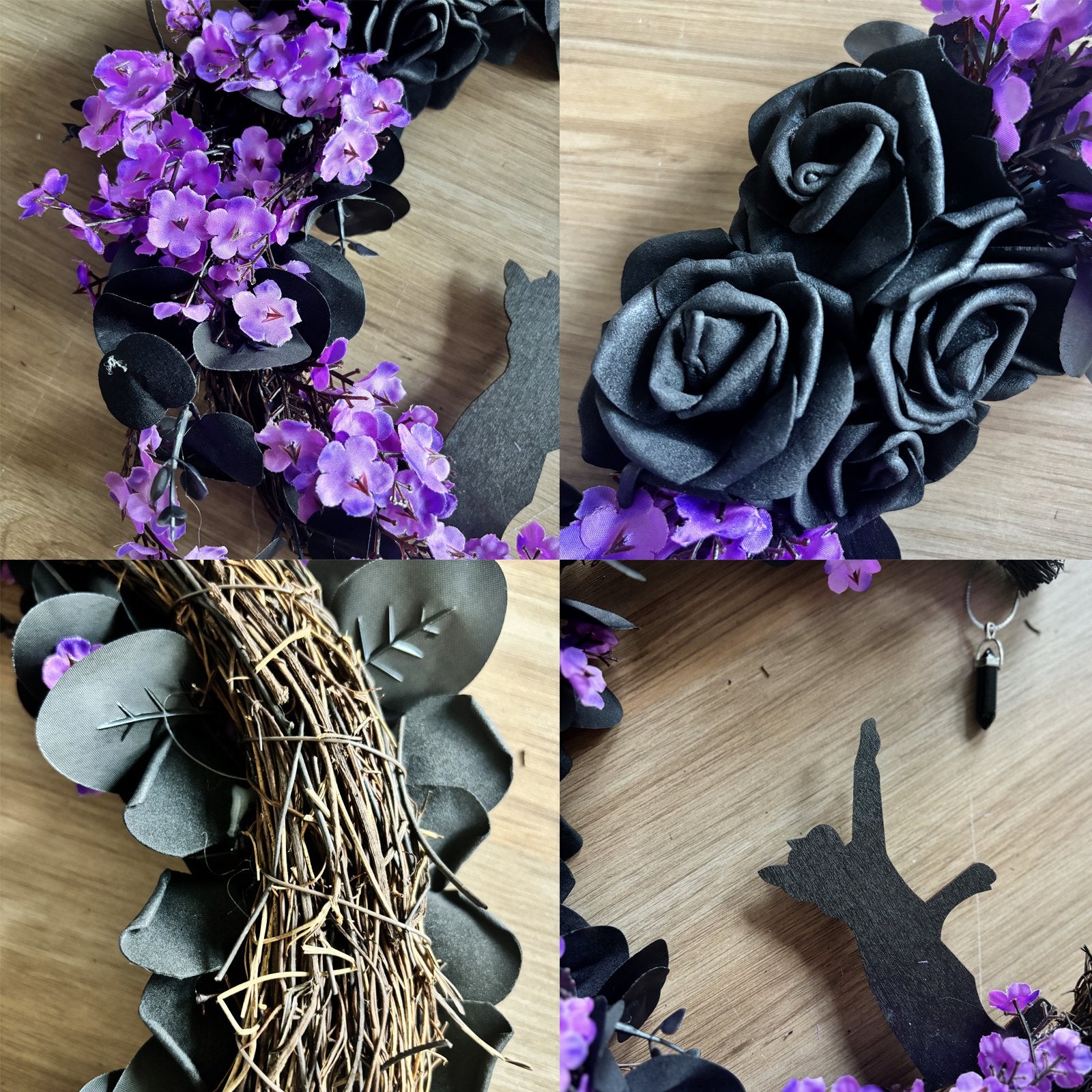 Collage of a Halloween wreath with purple flowers, black roses, black leaves, and a black cat silhouette on a wooden background.