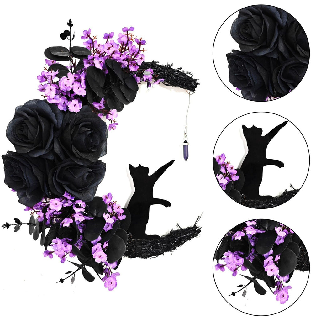 Halloween crescent moon wreath with black roses, purple flowers, black cat silhouette, and hanging crystal.
