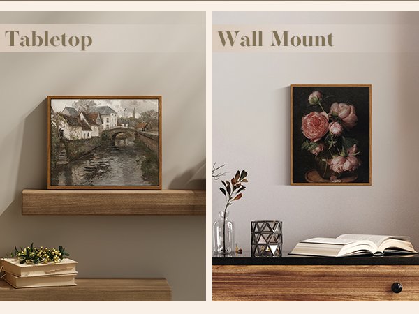 Framed canvas wall art displayed on a shelf and mounted on a wall, showing two different art pieces.