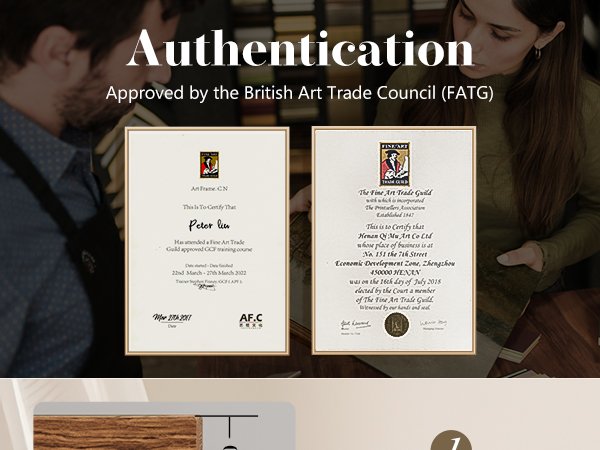 Two framed certificates of authentication with text and logos, held by people in the background.