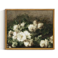 Framed vintage botanical print of white roses and green leaves on a textured background.