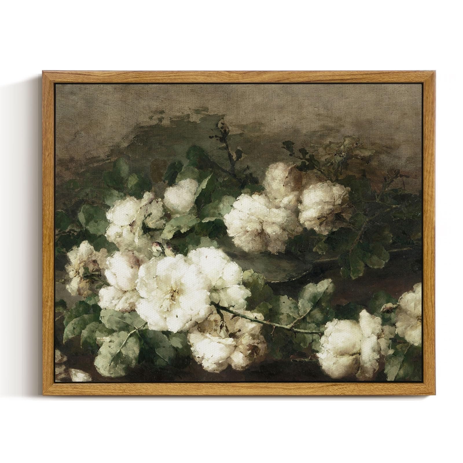 Framed vintage botanical print of white roses and green leaves on a textured background.