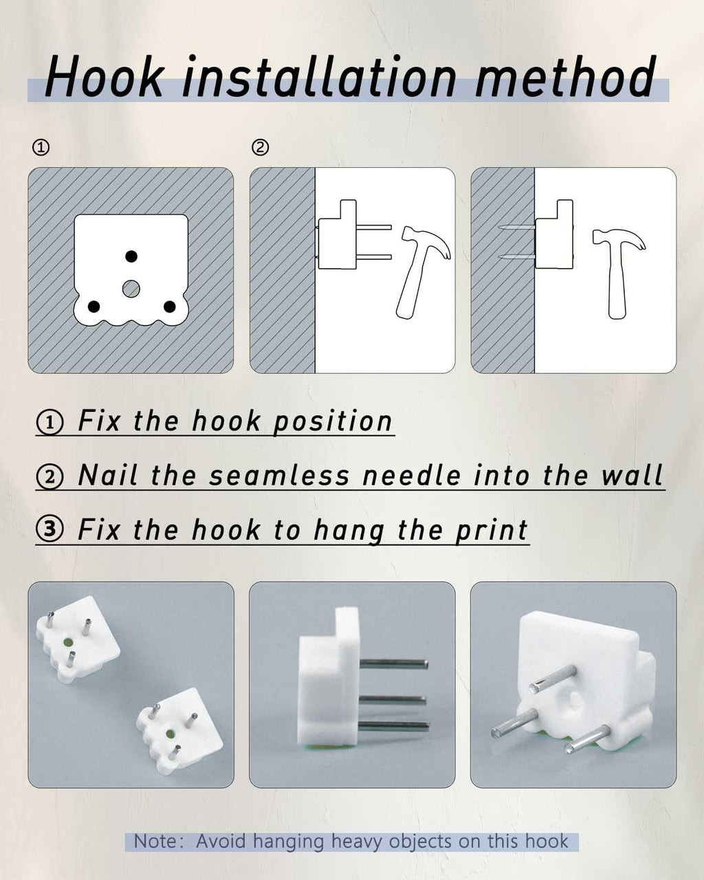 Diagram and photos showing how to install a wall hook for hanging art, with numbered steps and a cautionary note.