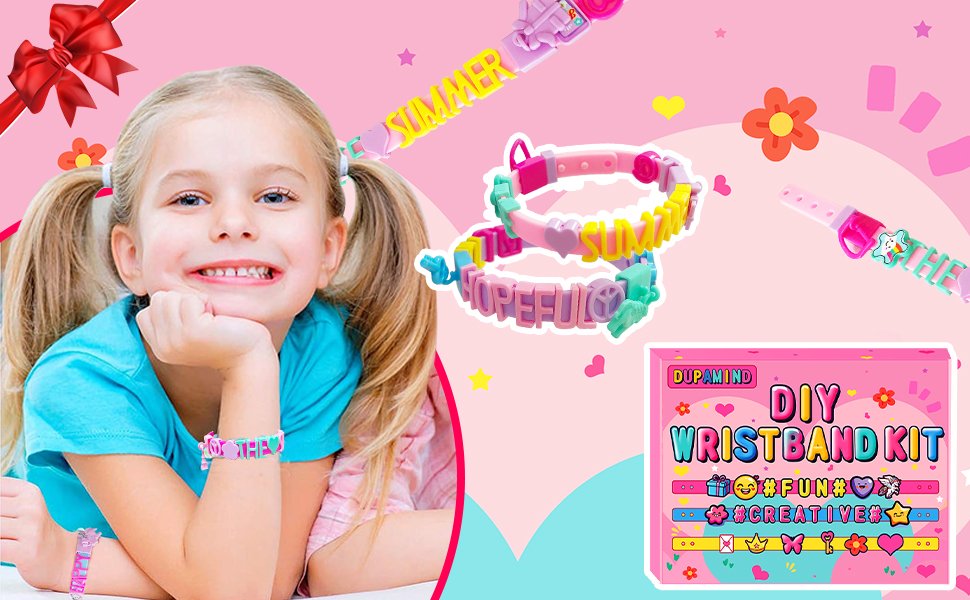 Smiling girl wearing a bracelet, with DIY bracelet making kit components and packaging shown.