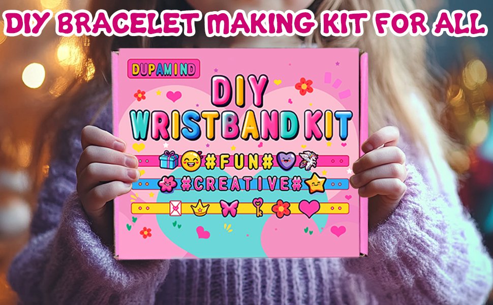Child holding a pink box for a DIY wristband making kit with colorful text and icons.