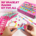 Hands assembling a DIY bracelet making kit with colorful beads, letter charms, and straps.