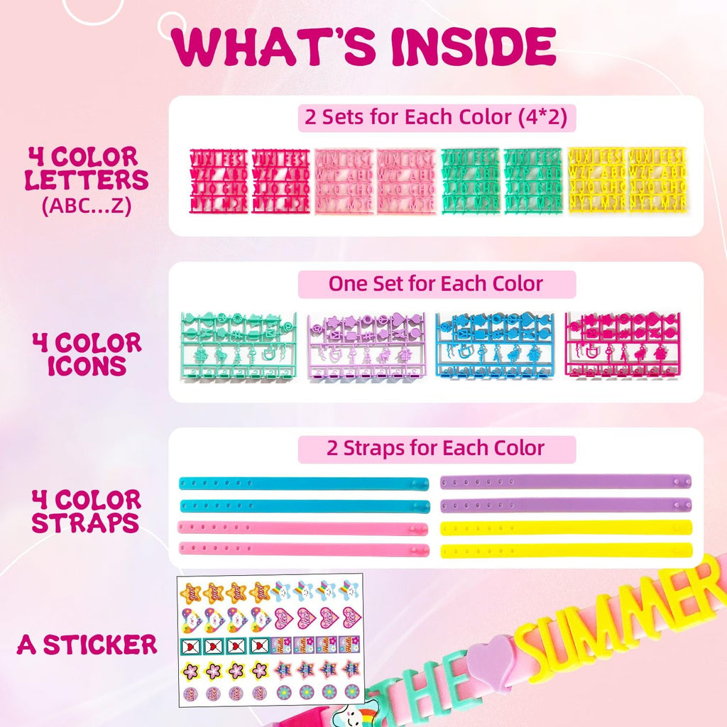 Friendship bracelet making kit contents: letter beads, icon beads, straps, and stickers. Text overlay reads 'WHAT'S INSIDE'.
