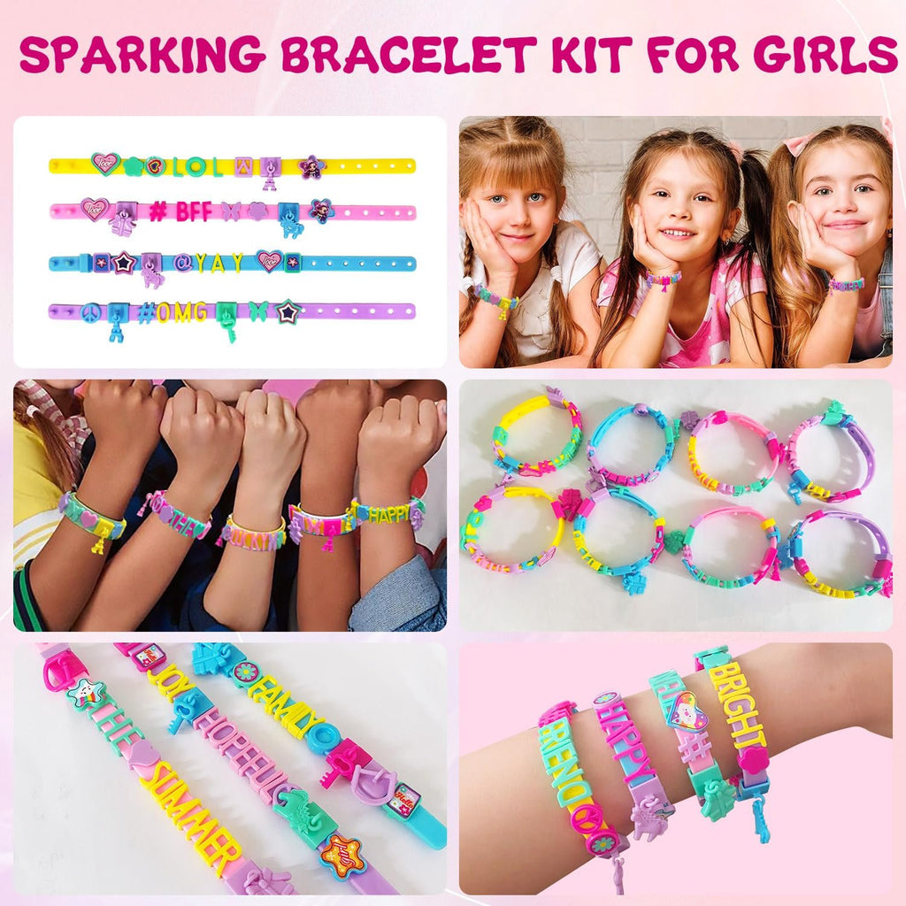 Friendship bracelet making kit with colorful bracelets and letter beads shown in multiple arrangements and on children's wrists.