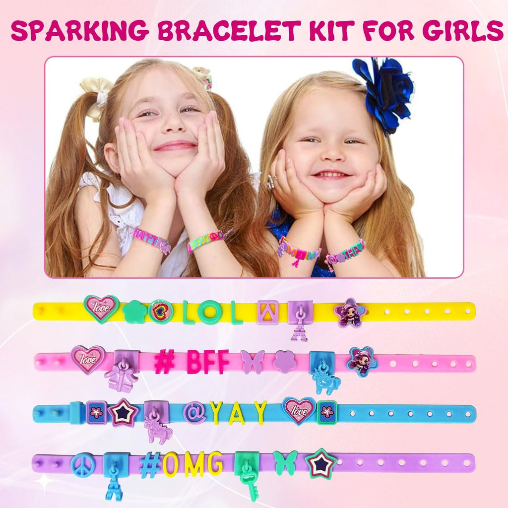 Two smiling girls with pigtails and bracelets, showing friendship bracelet making kit components.