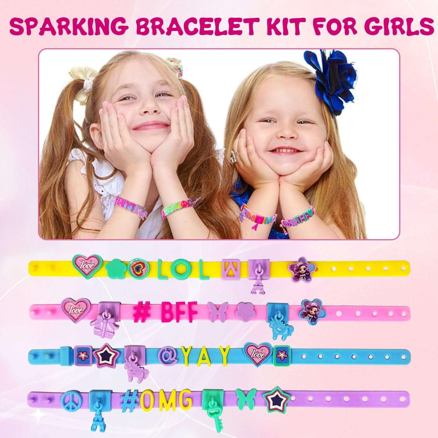 Two smiling girls with pigtails and bracelets, showing friendship bracelet making kit components.