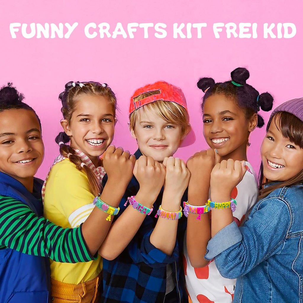 Five smiling children showing off colorful handmade bracelets with letter beads and charms against a pink background.