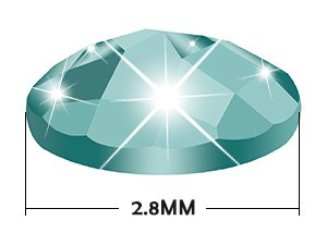 Close-up of a single teal diamond painting rhinestone with faceted sides, showing a 2.8mm measurement indicator.