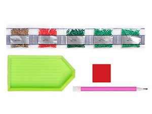 Diamond painting kit contents including a green tray, pink drill pen, red square, and four bags of colored beads.