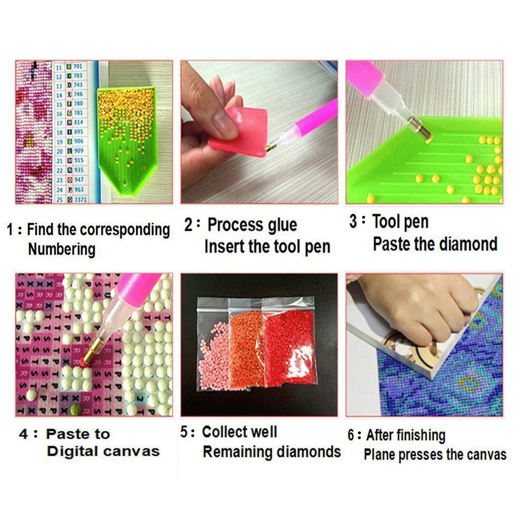 Diamond painting kit instructions showing 6 steps: numbering, processing glue, using tool pen, pasting diamonds, collecting diamonds, and pressing canvas.