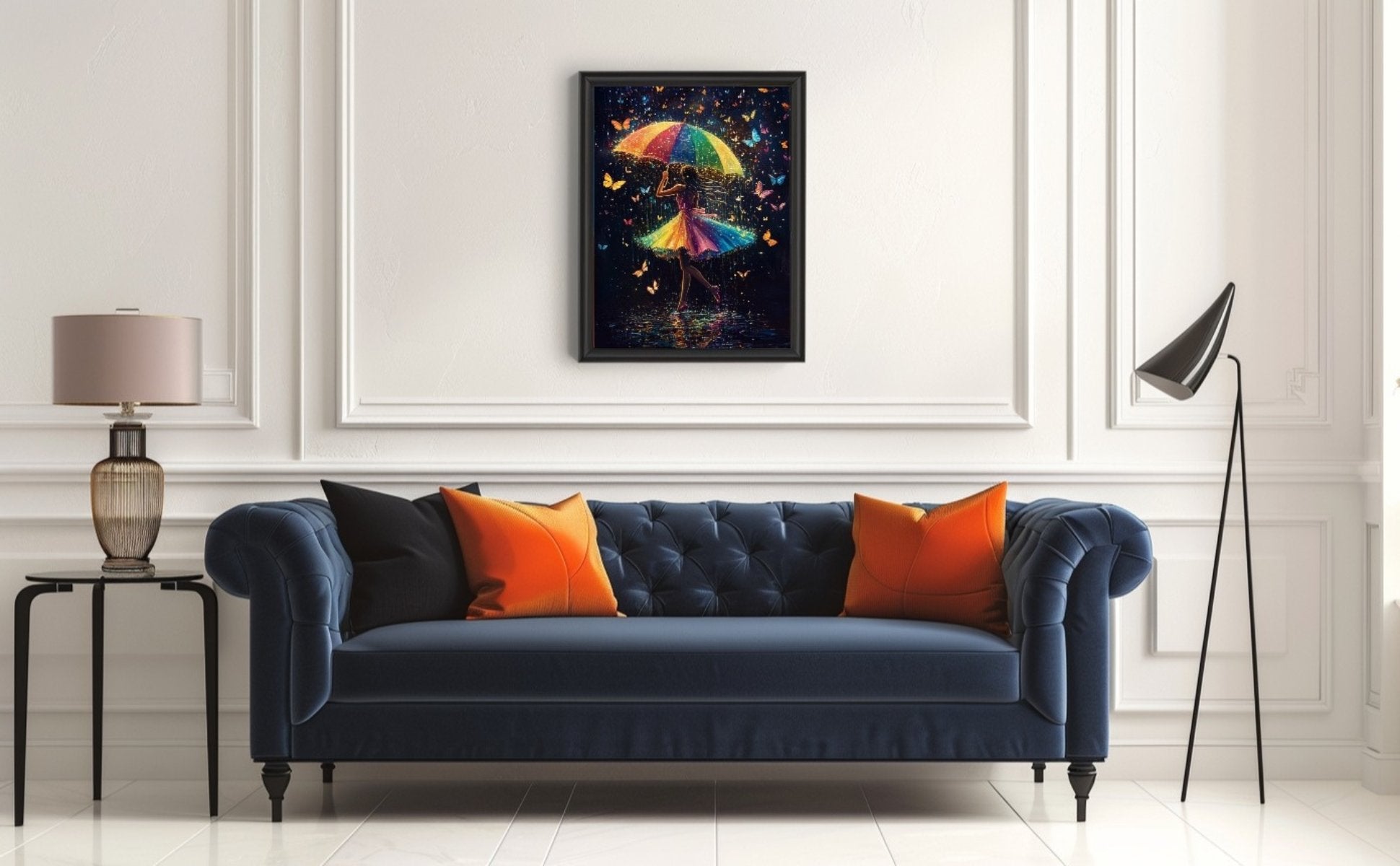 Diamond art painting of a woman holding a colorful umbrella with butterflies around her, framed and hung above a blue sofa.