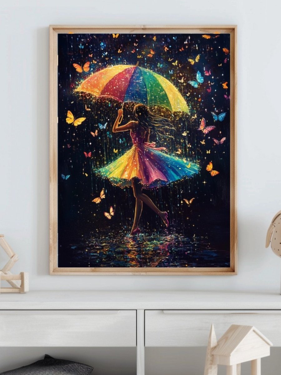 Diamond painting kit of a woman holding a rainbow umbrella surrounded by butterflies and rain