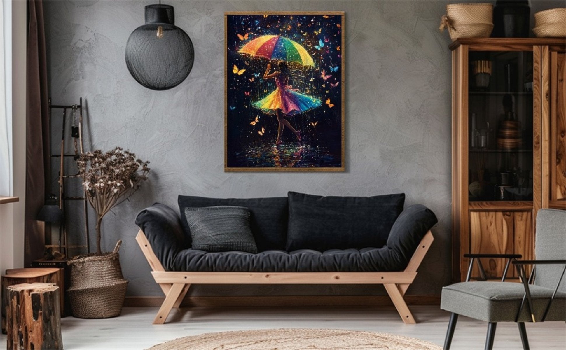 Diamond painting of a woman holding a rainbow umbrella surrounded by butterflies and rain, displayed in a living room.