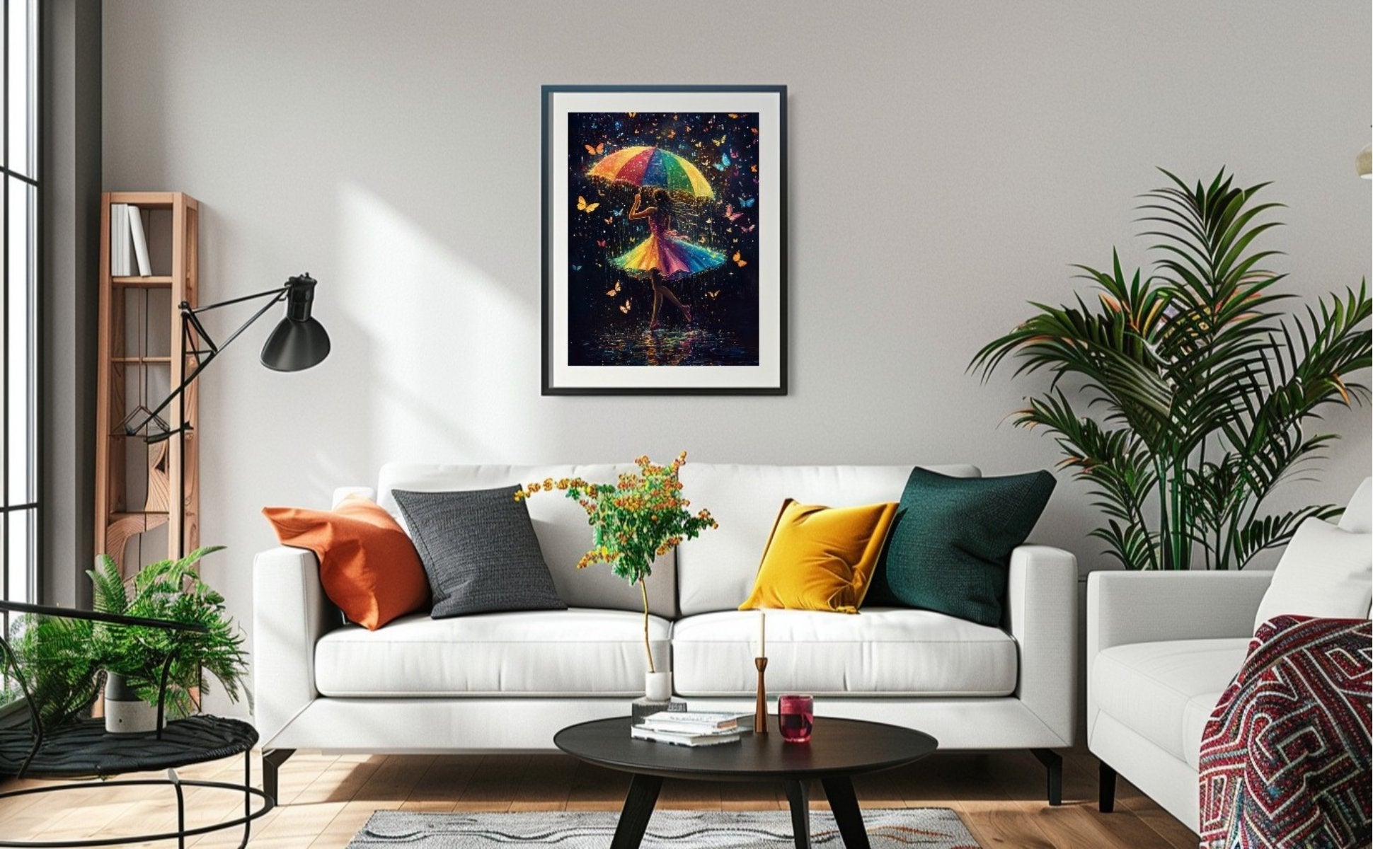 Diamond art painting of a girl with a rainbow umbrella surrounded by butterflies, framed and hanging above a sofa.