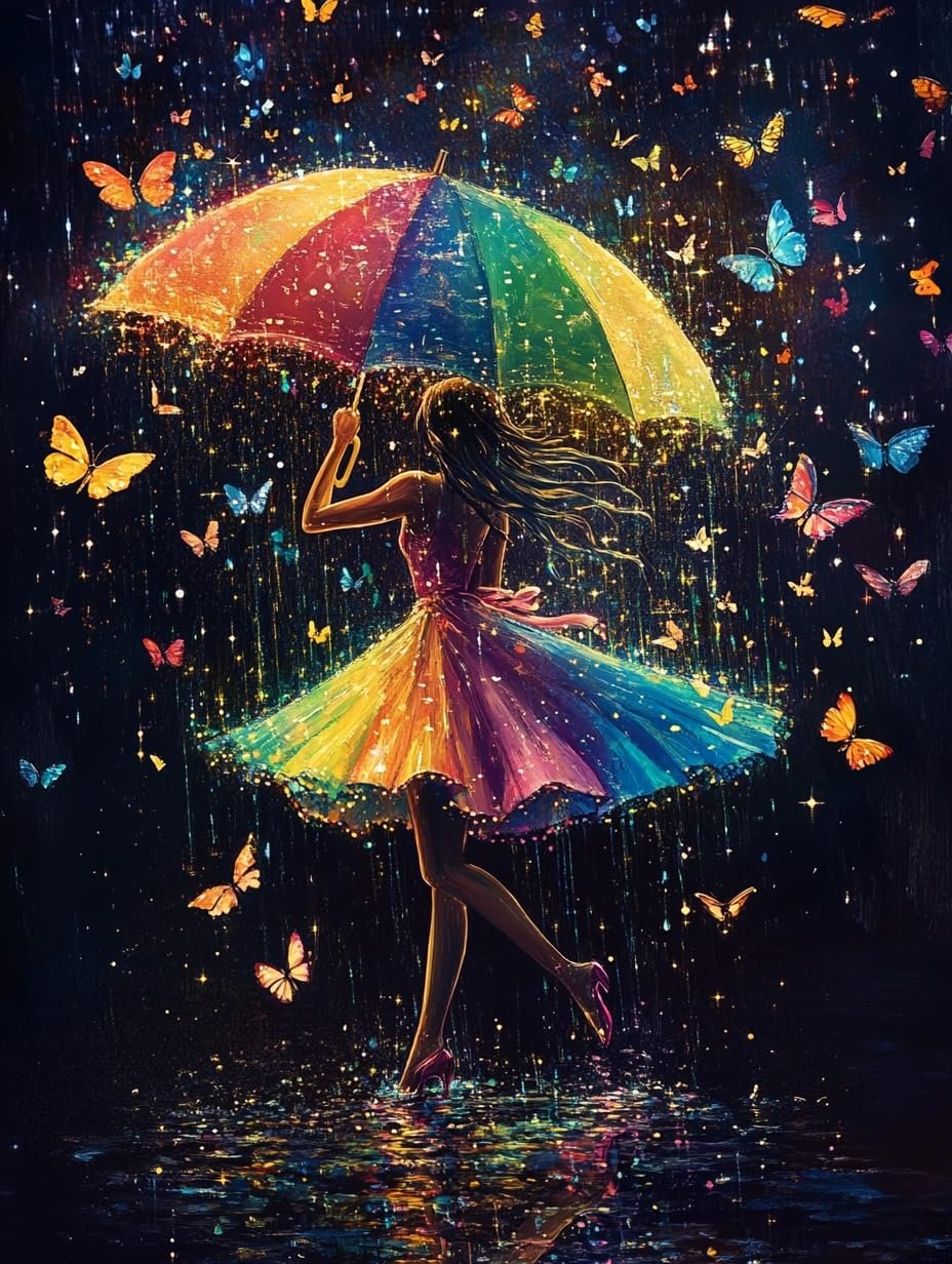 Woman with rainbow umbrella and dress in sparkling rain with butterflies
