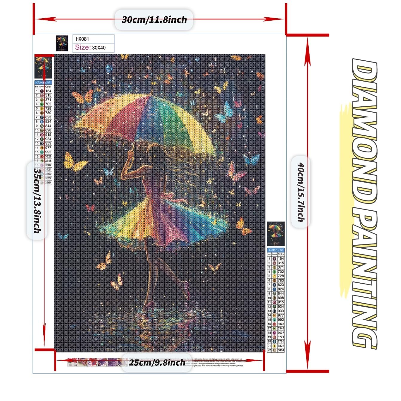 Diamond painting kit with a woman holding a colorful umbrella in the rain, surrounded by butterflies. Includes color list and size information.
