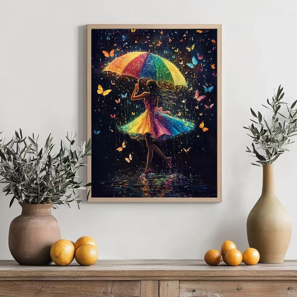 Diamond painting kit showing a girl in a rainbow dress holding a rainbow umbrella surrounded by butterflies and rain.