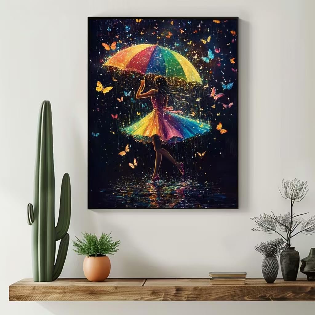 Diamond painting kit showing a woman in a rainbow dress holding a rainbow umbrella surrounded by butterflies and rain.