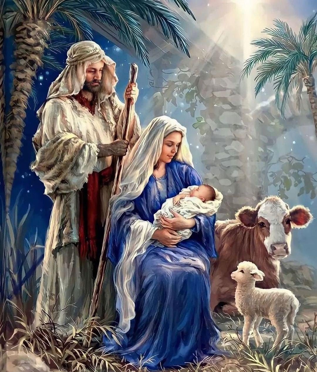 Nativity scene with Mary holding baby Jesus, Joseph with staff, a cow, and a lamb under palm trees.