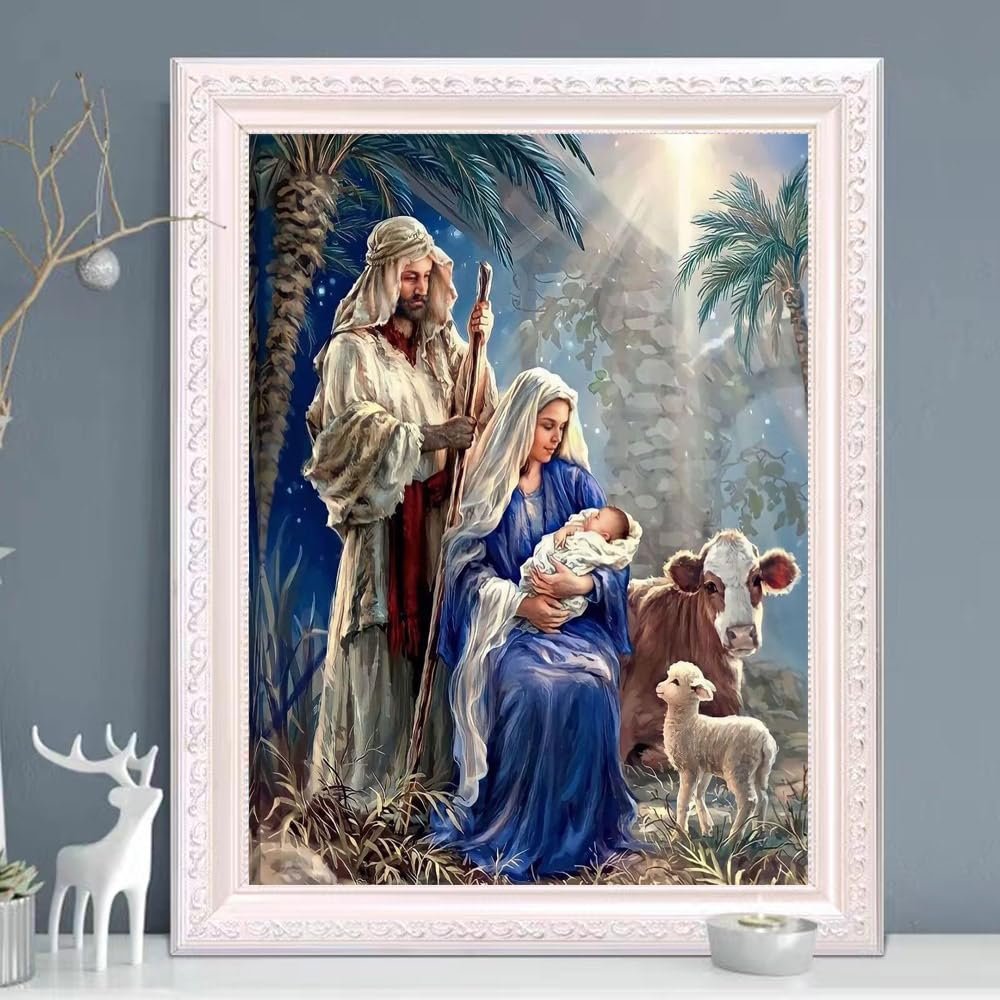 Diamond painting kit of the Nativity scene with Mary holding baby Jesus, Joseph, a cow, and a lamb under palm trees.