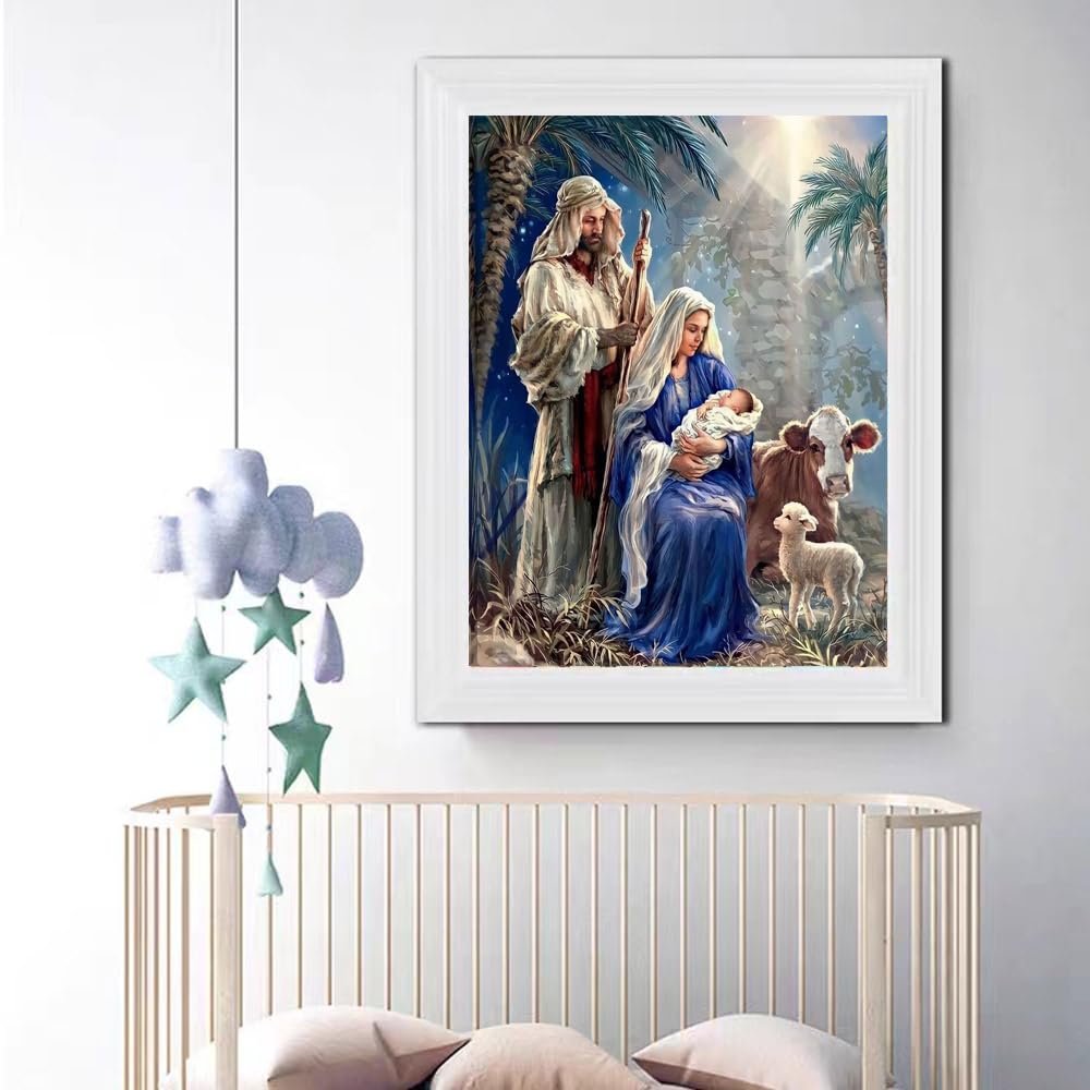 Diamond painting kit depicting the Nativity scene with Mary, Joseph, baby Jesus, a cow, and a lamb in a stable setting.