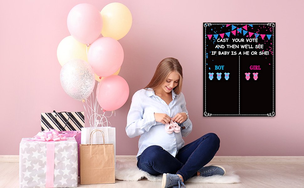 Pregnant woman sitting with baby booties next to balloons and gifts, with a gender reveal voting poster on the wall.