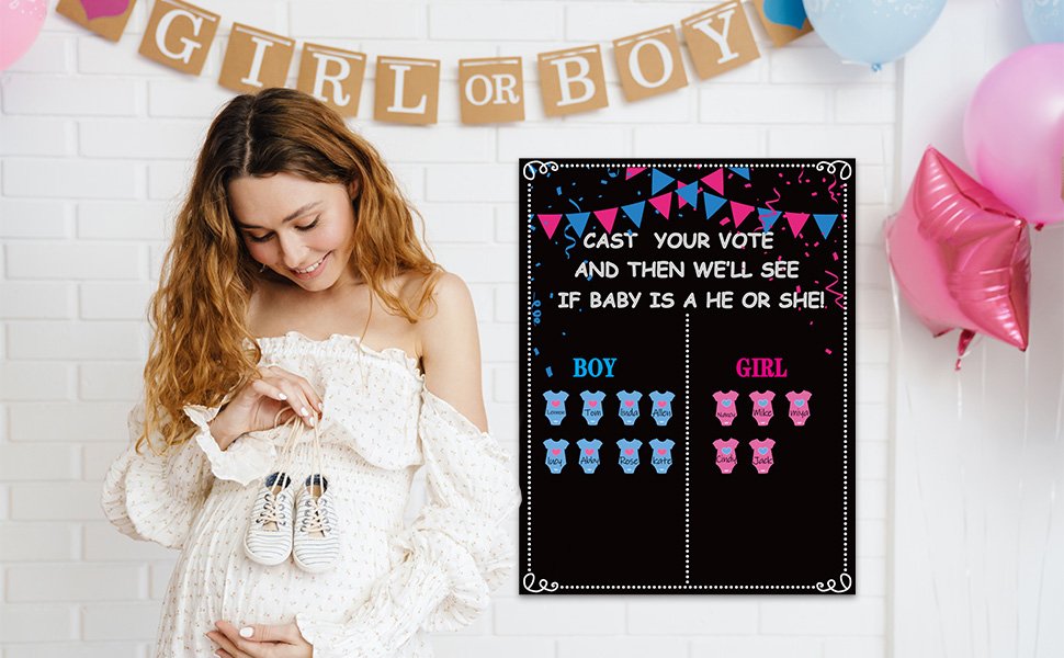 Pregnant woman holding baby shoes next to a gender reveal voting poster with boy and girl sections.