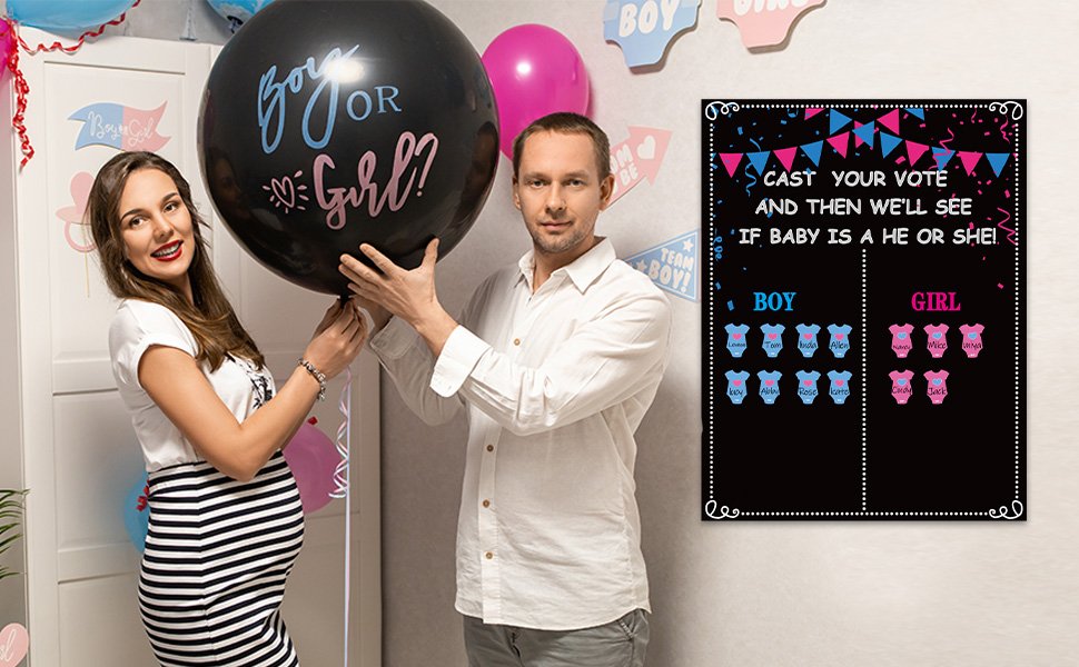 Pregnant woman and man holding a large black balloon that says 'Boy or Girl?' at a baby shower voting game.
