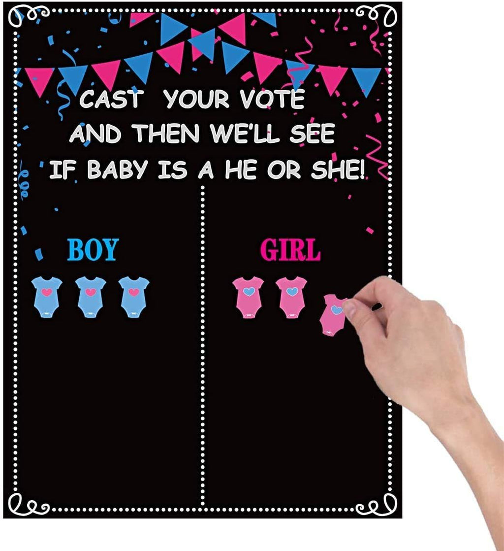Gender reveal voting poster with sections for 'Boy' and 'Girl' votes, featuring baby onesie icons and confetti.