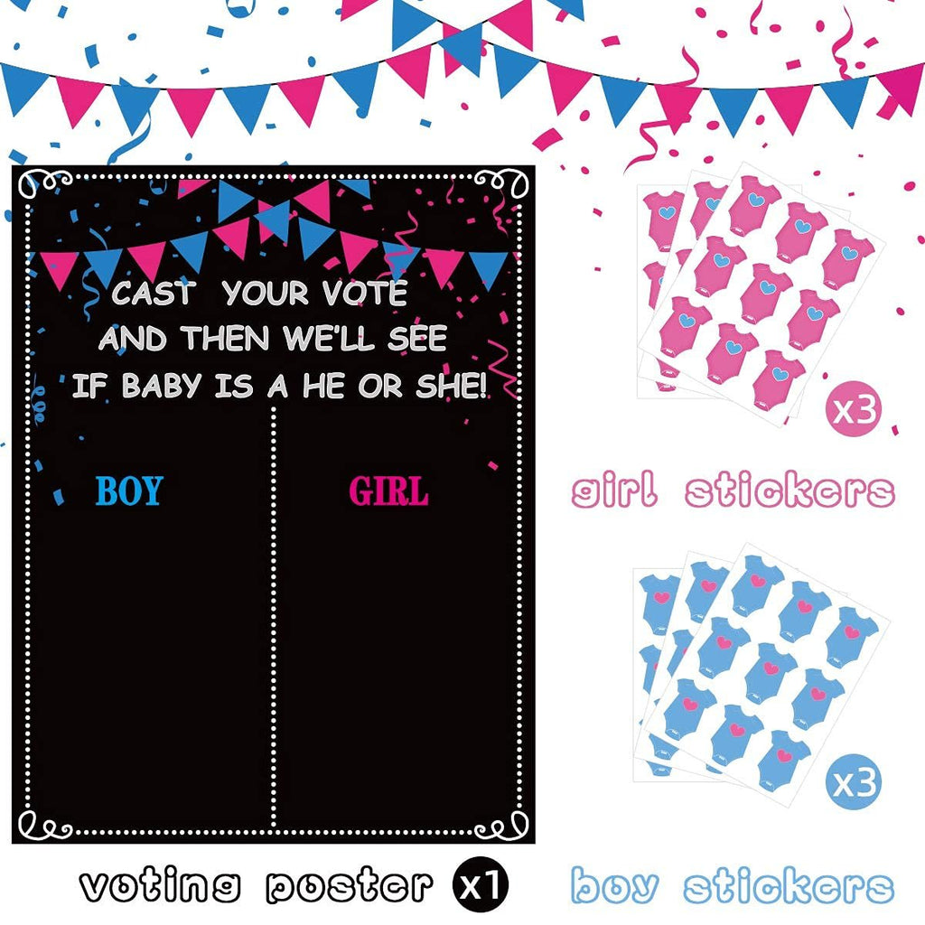 Gender reveal voting game poster with boy/girl sections and sticker sheets for baby shower party.