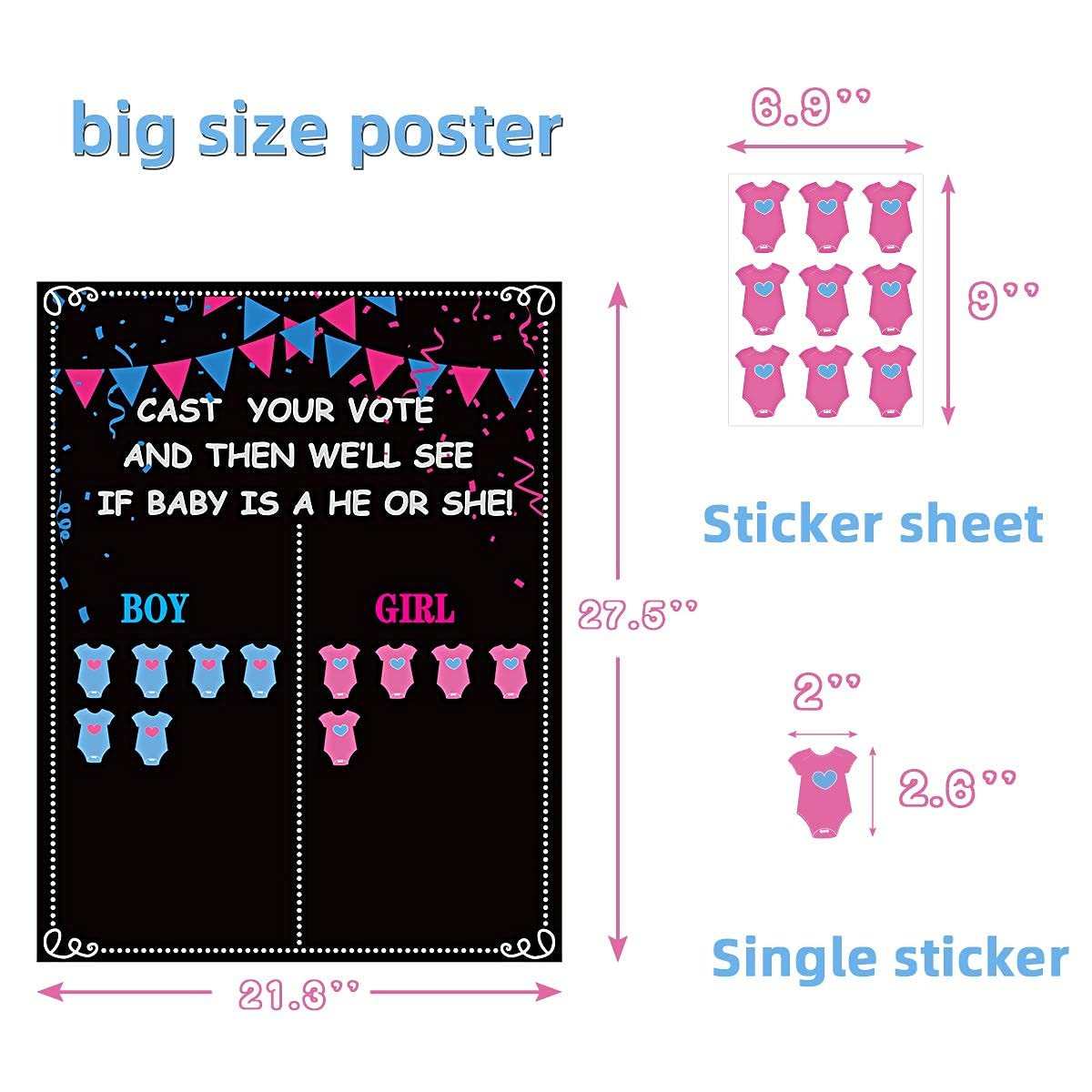 Gender reveal voting poster with boy and girl sections and sticker sheet dimensions shown.