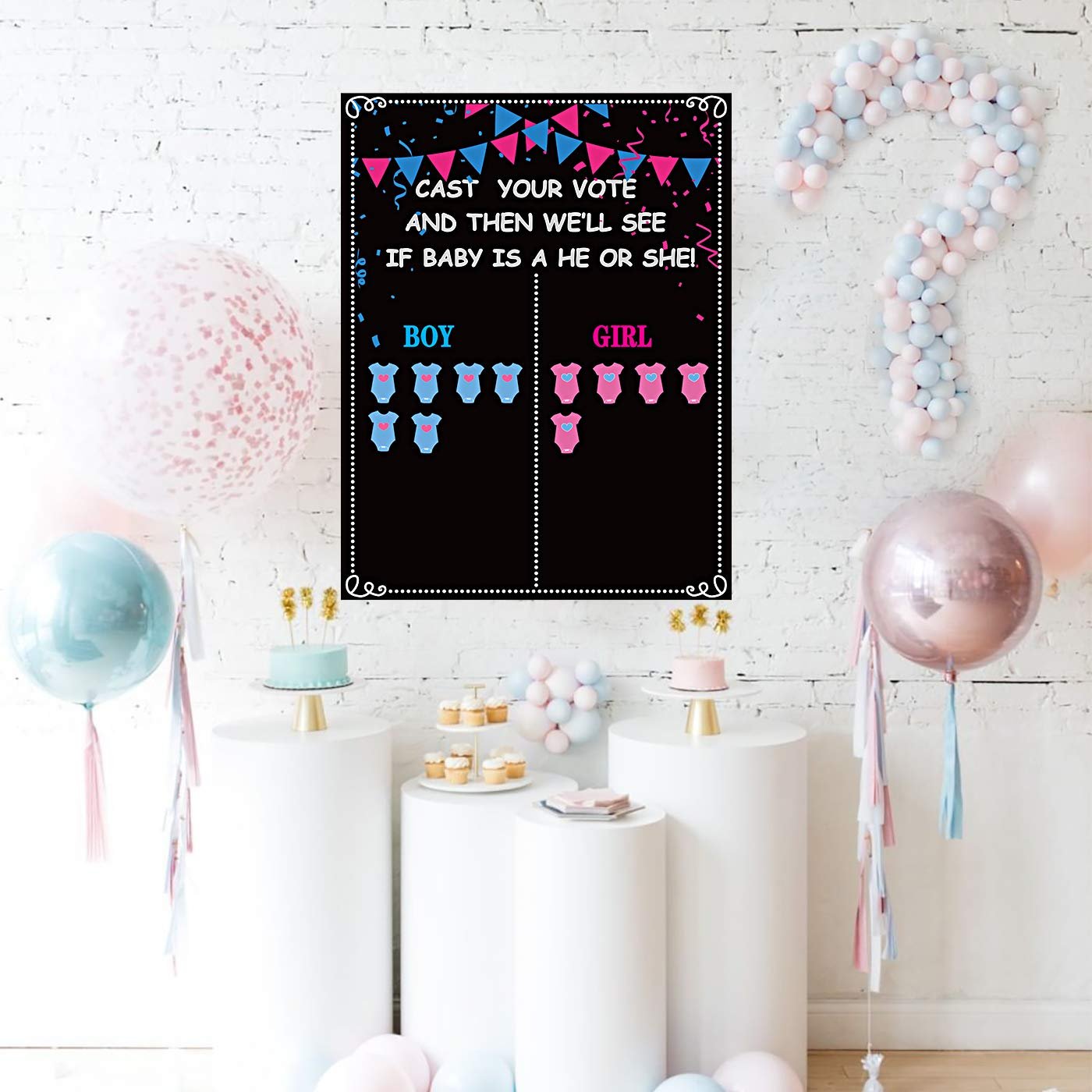 Gender reveal voting poster with boy and girl sections, decorated with balloons and cakes.