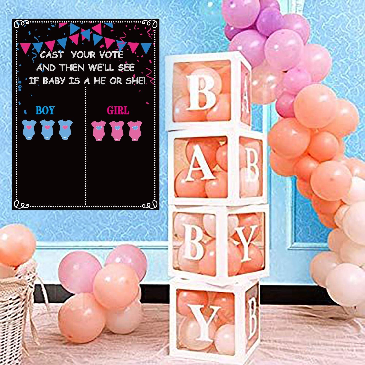 Gender reveal voting game poster with boy or girl options and baby blocks spelling BABY, surrounded by balloons.
