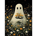 Ghost flower diamond painting kit with a ghost figure holding a bouquet of yellow and white flowers in a field of wildflowers at night.