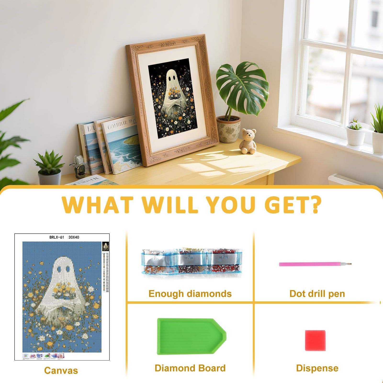 Ghost flower diamond painting kit contents: canvas, diamonds, dot drill pen, diamond board, and dispenser.