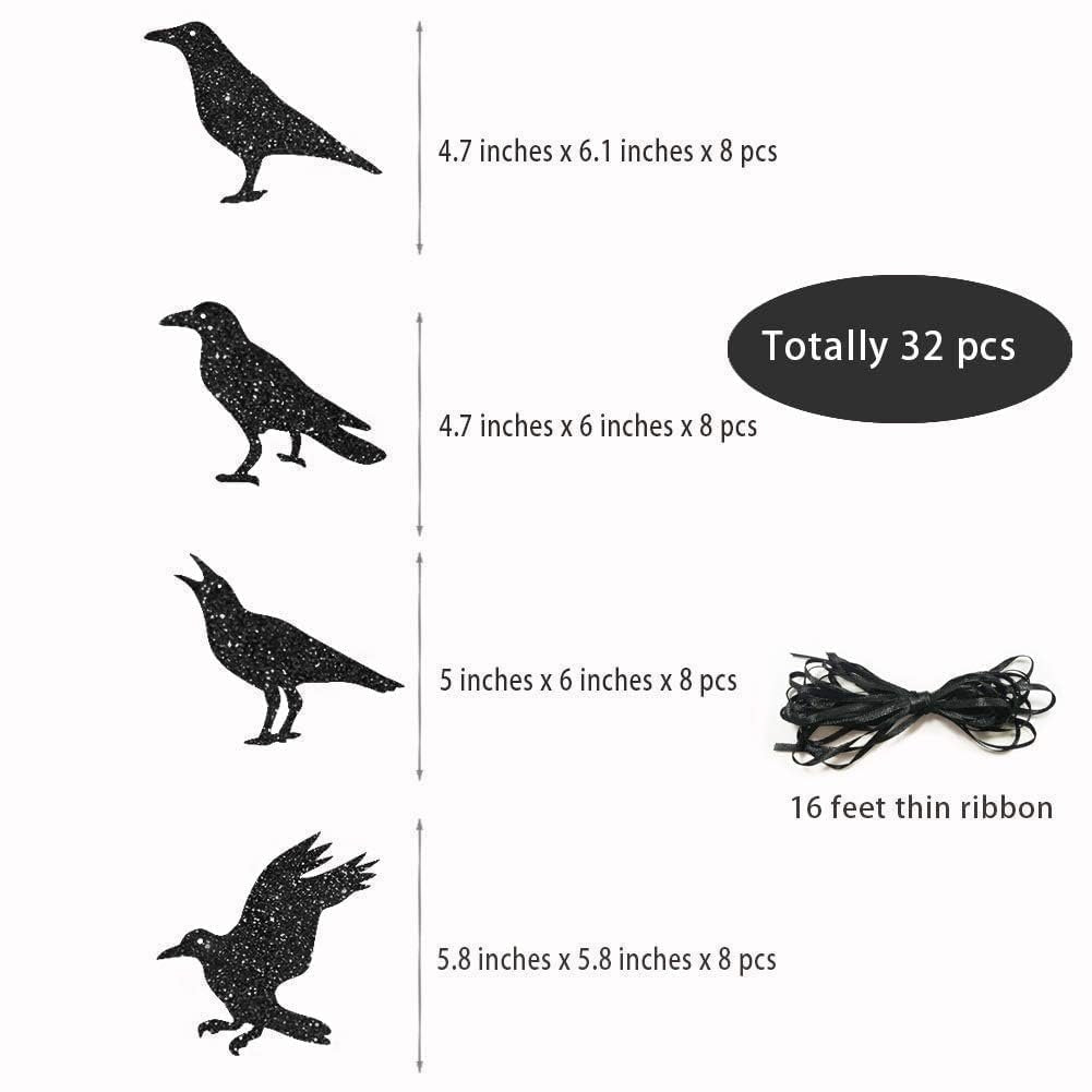 Four glitter black crow cutouts with dimensions and quantities listed, plus a bundle of black ribbon.