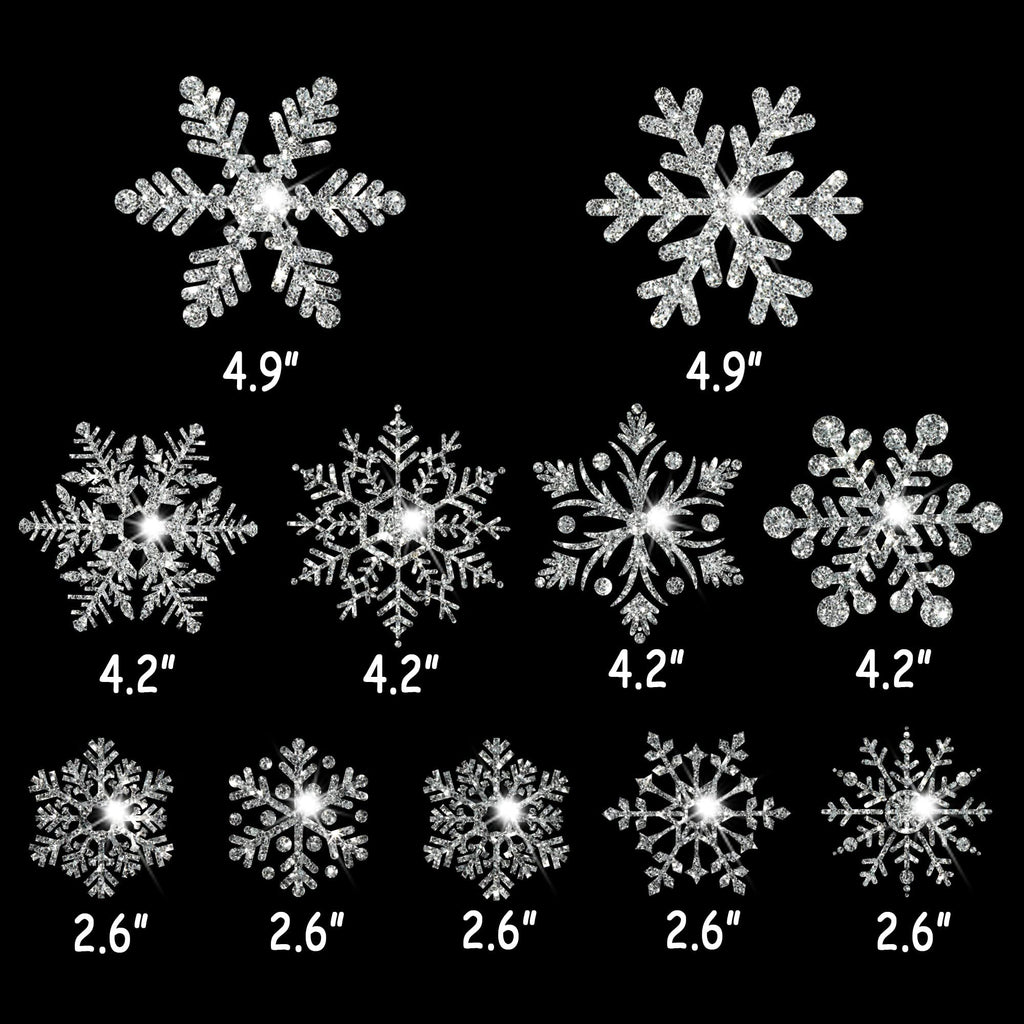 Various sizes of silver glitter snowflake window clings displayed against a black background, with dimensions labeled.
