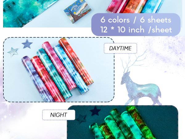 Six rolls of glow-in-the-dark heat transfer vinyl in galaxy patterns, shown in daytime and nighttime views.