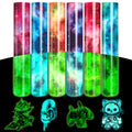 Six rolls of glow-in-the-dark heat transfer vinyl with galaxy patterns and four glowing cutouts of an astronaut, headphones, game controller, and cat in space suit.