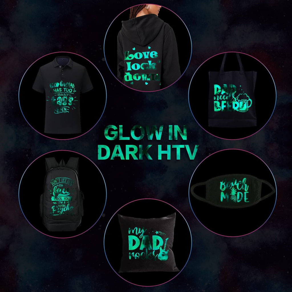 Collage of items decorated with glow-in-the-dark HTV vinyl, including a polo shirt, hoodie, tote bag, backpack, face mask, and pillow.