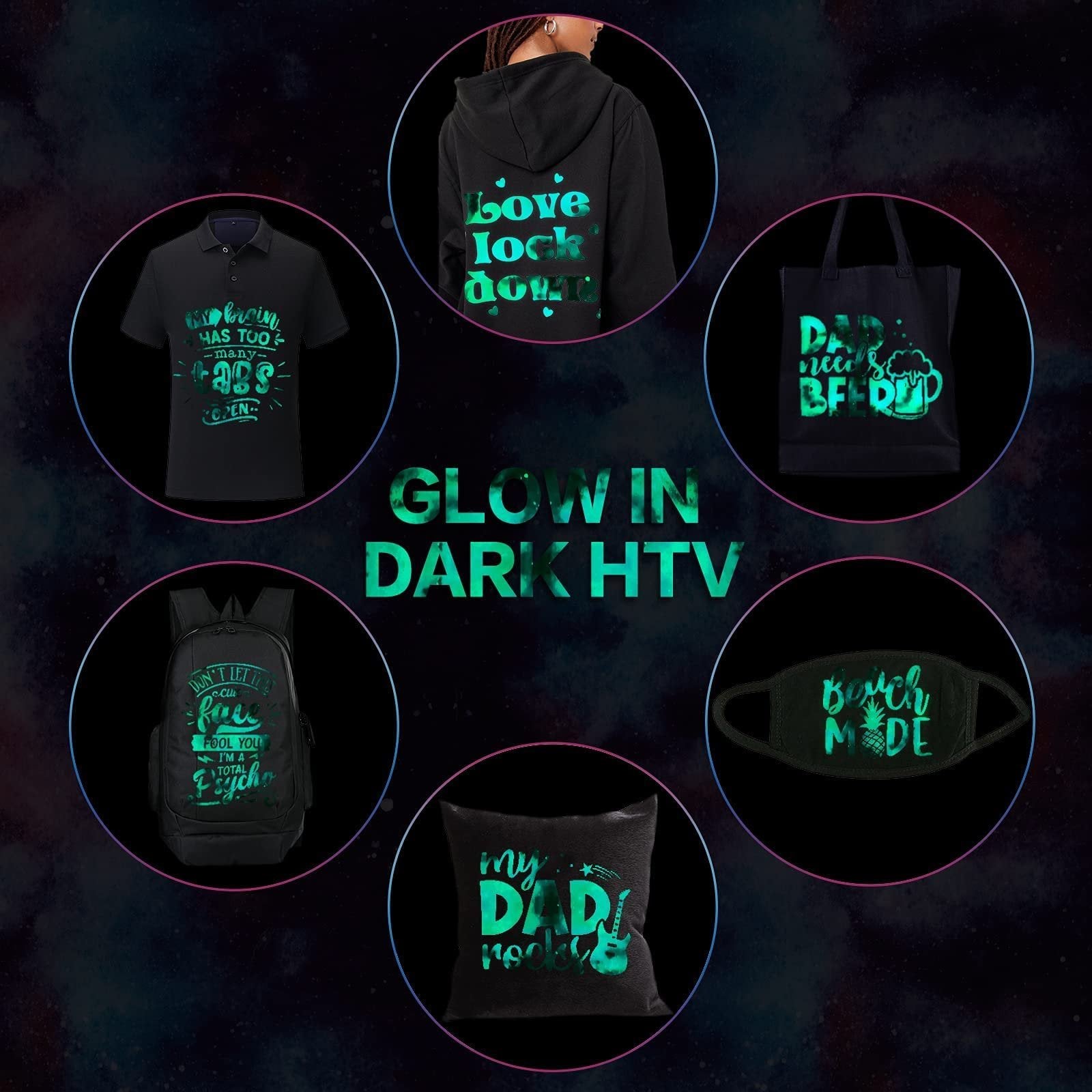 Collage of items decorated with glow-in-the-dark HTV vinyl, including a polo shirt, hoodie, tote bag, backpack, face mask, and pillow.