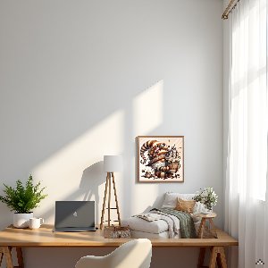 Framed gnome diamond painting artwork hanging on a wall above a lounge chair in a sunlit room.